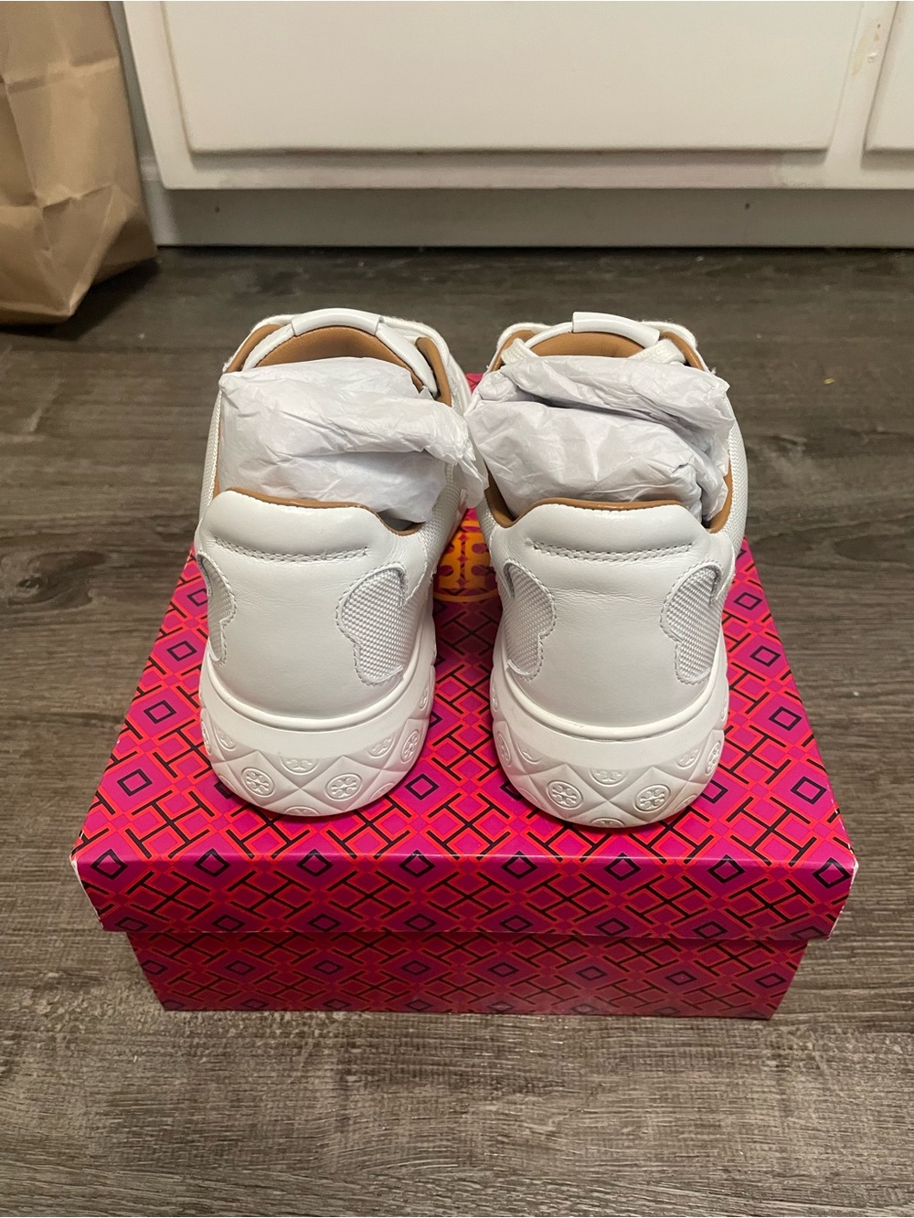 Tory Burch Ladybug White Leather Lace-Up Sneakers with Tan Accents - Picture 4 of 5